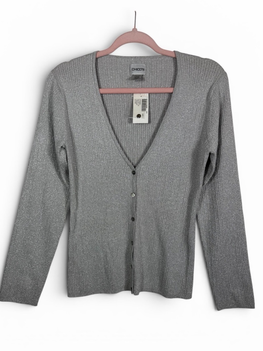 Chico's NWT Long Sleeve Metallic Silver V‑Neck Button Front Sweater Chicos SZ 1
